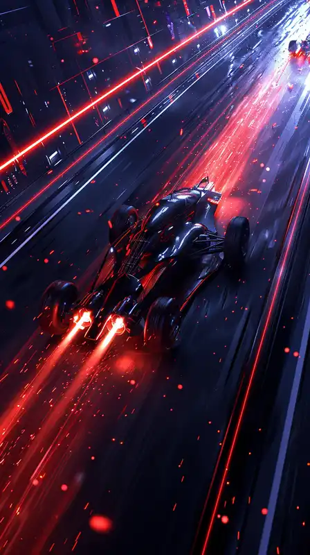 A high-speed battle scene on a futuristic highway, archer flipping mid-air off a hoverbike, charged bow drawn, laser trails and exploding drones around them