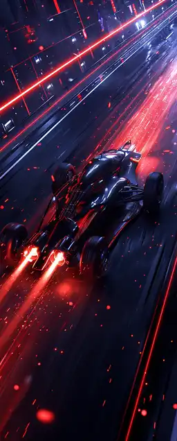 A high-speed battle scene on a futuristic highway, archer flipping mid-air off a hoverbike, charged bow drawn, laser trails and exploding drones around them