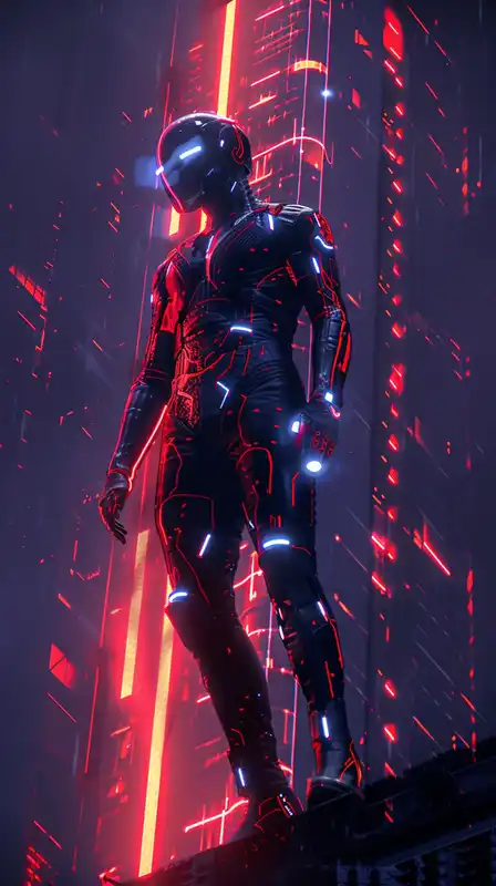 An archer perched atop a massive holographic billboard, skyscrapers glowing around him, his suit integrated with circuit patterns, electric blue lighting casting dynamic shadows