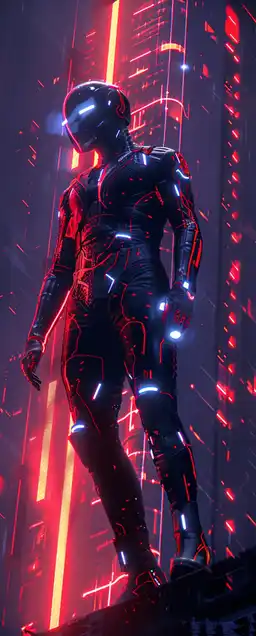 An archer perched atop a massive holographic billboard, skyscrapers glowing around him, his suit integrated with circuit patterns, electric blue lighting casting dynamic shadows