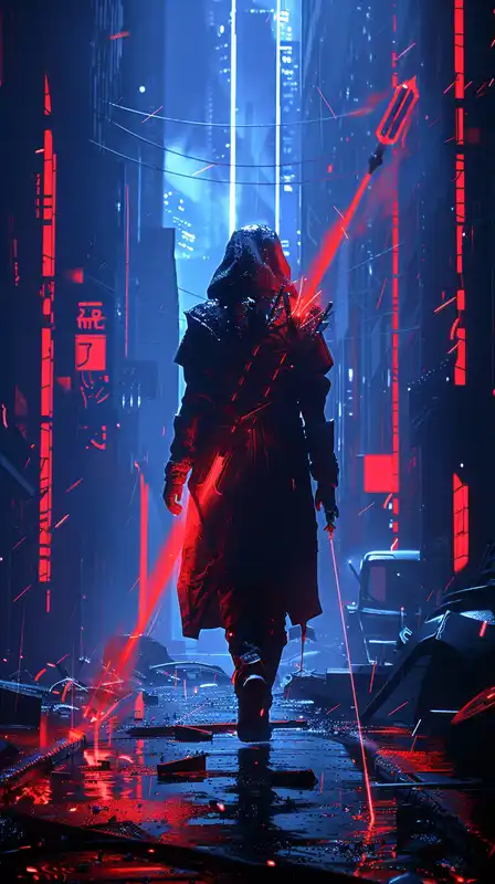 A rogue archer walking through a shattered urban zone, flaming wreckage and sparks in the background, neon energy bow slung over their shoulder, cloak torn and glowing from embedded tech