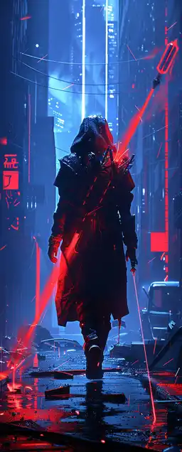 A rogue archer walking through a shattered urban zone, flaming wreckage and sparks in the background, neon energy bow slung over their shoulder, cloak torn and glowing from embedded tech