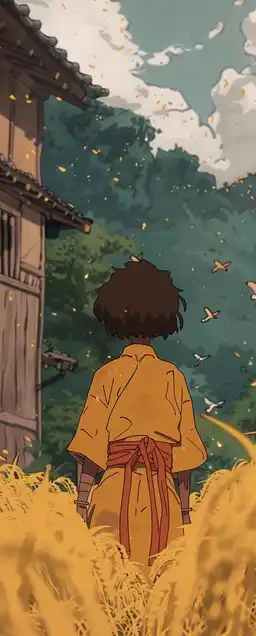 whimsical bakery in a cobblestone town, a young girl hanging fresh bread outside, ivy-covered walls, warm yellow sunlight, animated charm like Kiki’s Delivery Service