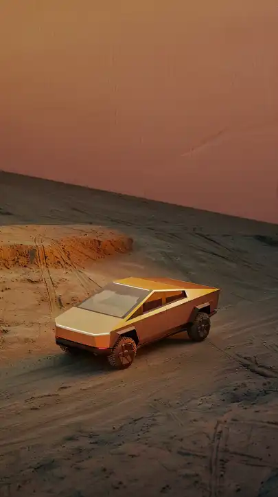 a testa cybertruck driving trough the desert
