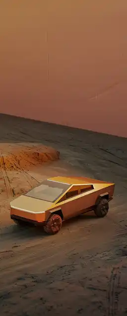 a testa cybertruck driving trough the desert