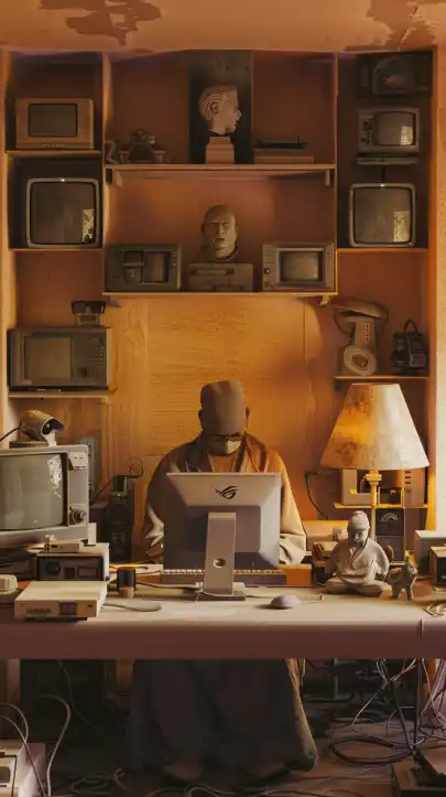 a computer nerd in his electronics filled hideout