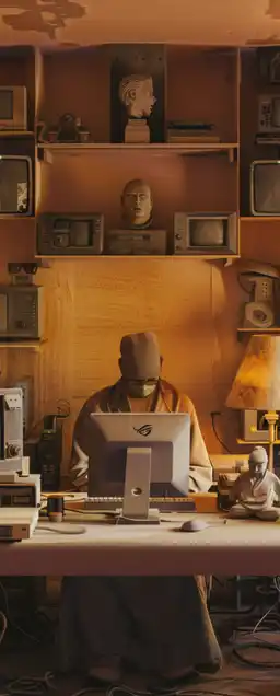 a computer nerd in his electronics filled hideout