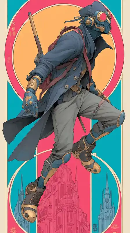 A cyborg bounty hunter leaping from rooftop to rooftop, wind slicing past his coat, cityscape painted in bold pinks and blues with halftone gradients
