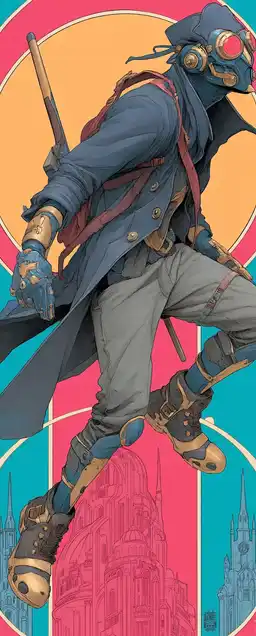 A cyborg bounty hunter leaping from rooftop to rooftop, wind slicing past his coat, cityscape painted in bold pinks and blues with halftone gradients