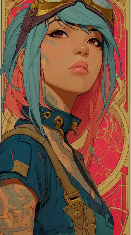 Close-up of a neon-haired rebel with cybernetic eyes, comic-style action background with spiked outlines, glowing circuit tattoos visible beneath her collar