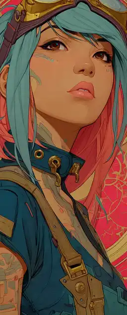 Close-up of a neon-haired rebel with cybernetic eyes, comic-style action background with spiked outlines, glowing circuit tattoos visible beneath her collar