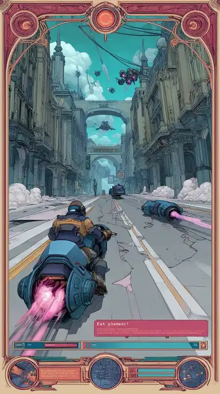 A high-speed chase scene through a dystopian city, hoverbike trailing glitch-colored light, enemy drones firing pixelated projectiles