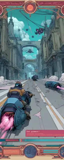 A high-speed chase scene through a dystopian city, hoverbike trailing glitch-colored light, enemy drones firing pixelated projectiles