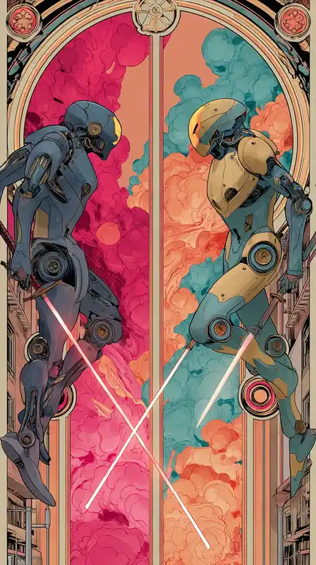 A dramatic showdown in a neon alley, two android warriors with glowing swords clashing mid-panel, comic speed lines and background explosions stylized in vector color blocks