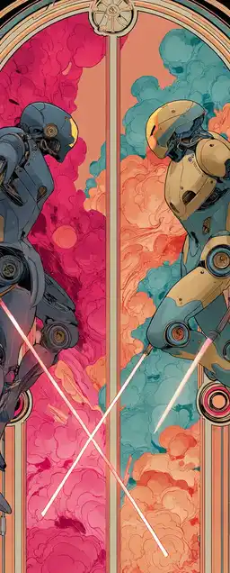 A dramatic showdown in a neon alley, two android warriors with glowing swords clashing mid-panel, comic speed lines and background explosions stylized in vector color blocks