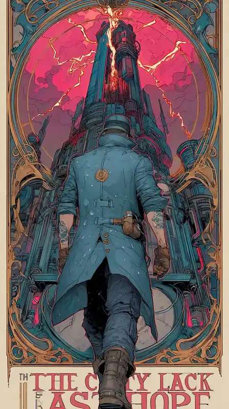 A gritty hero in a rain-drenched trench coat walking toward a giant cyberpunk tower, lightning bolt splitting the sky