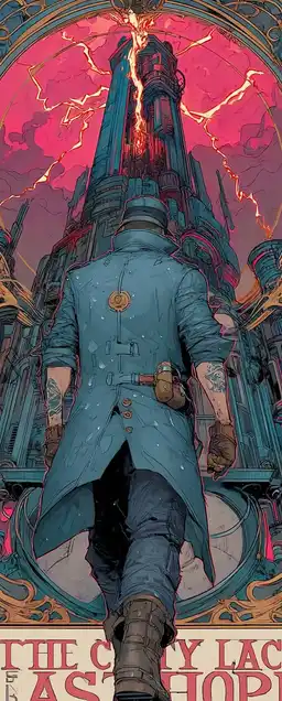 A gritty hero in a rain-drenched trench coat walking toward a giant cyberpunk tower, lightning bolt splitting the sky