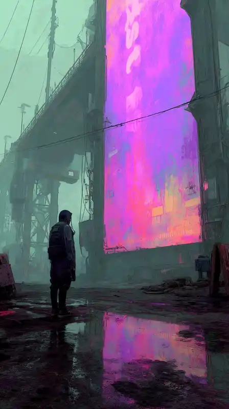 Prompt 1: A lone cyberpunk detective standing in the rain under a massive purple neon sign, steam rising from the streets, long coat glowing subtly with tech circuitry