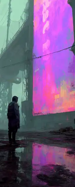 Prompt 1: A lone cyberpunk detective standing in the rain under a massive purple neon sign, steam rising from the streets, long coat glowing subtly with tech circuitry