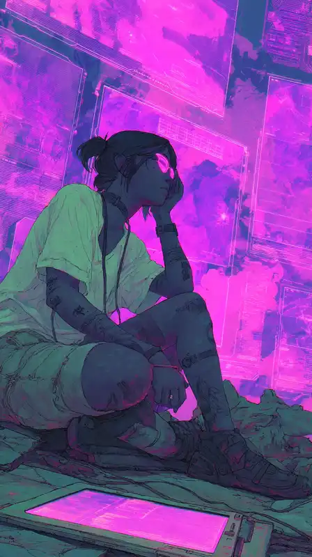 A hacker girl with glowing violet eyes sitting in a high-rise apartment, purple ambient light illuminating digital tattoos, surrounded by floating holographic interfaces