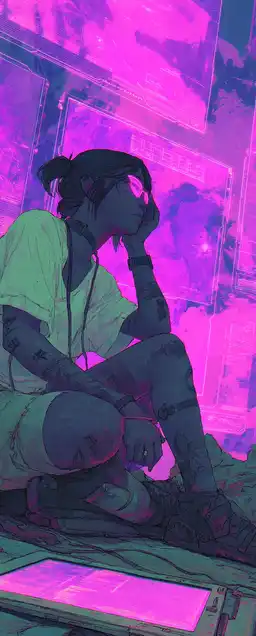 A hacker girl with glowing violet eyes sitting in a high-rise apartment, purple ambient light illuminating digital tattoos, surrounded by floating holographic interfaces