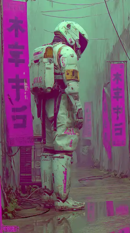 A sleek cybernetic warrior in a tight alley lined with purple neon kanji signs, mist and wires surrounding him, reflections dancing off metallic skin