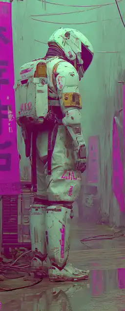 A sleek cybernetic warrior in a tight alley lined with purple neon kanji signs, mist and wires surrounding him, reflections dancing off metallic skin