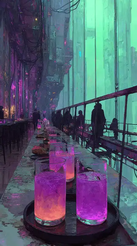 A surreal cyberpunk bar built into the side of a skyscraper, glowing violet cocktails on a levitating tray, android patrons under dim, flickering purple lights --sref 4154948283 --ar 9:16 --style raw --stylize 500 --v 7