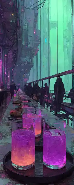 A surreal cyberpunk bar built into the side of a skyscraper, glowing violet cocktails on a levitating tray, android patrons under dim, flickering purple lights --sref 4154948283 --ar 9:16 --style raw --stylize 500 --v 7