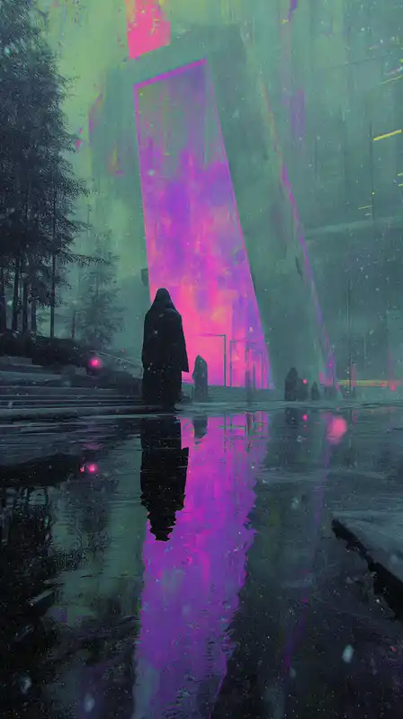 A cloaked figure emerging from a digital portal in the middle of a purple-lit intersection, rain frozen in the air, distorted reflections warping on glass buildings
