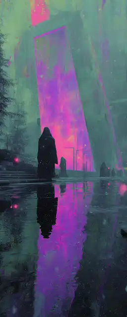 A cloaked figure emerging from a digital portal in the middle of a purple-lit intersection, rain frozen in the air, distorted reflections warping on glass buildings