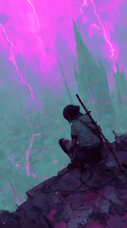 A female vigilante perched on the edge of a high-tech cathedral, purple lightning in the sky, glowing swords across her back, city lights sprawling below