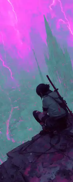A female vigilante perched on the edge of a high-tech cathedral, purple lightning in the sky, glowing swords across her back, city lights sprawling below