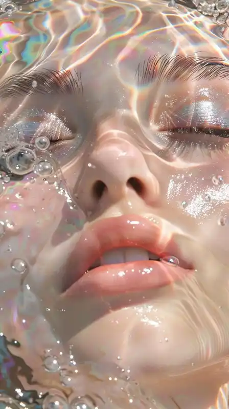 Portrait of a woman underwater, eyes closed, strands of hair floating around her like silk, sunlight breaking through the surface above, shimmering particles suspended in the water