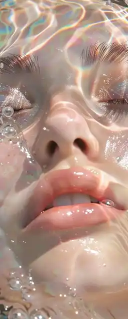 Portrait of a woman underwater, eyes closed, strands of hair floating around her like silk, sunlight breaking through the surface above, shimmering particles suspended in the water