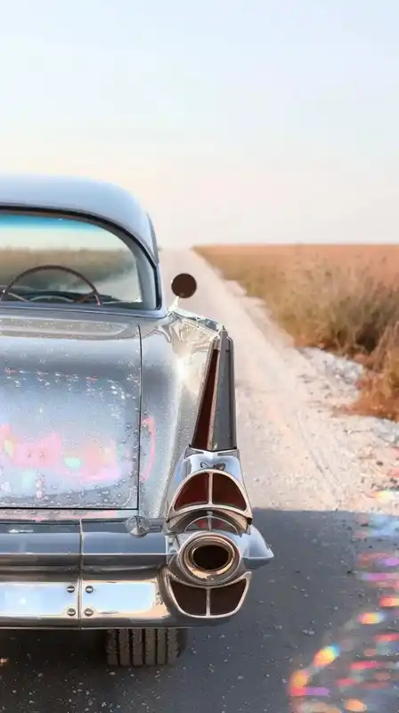 Desert road at golden hour, a single vintage car parked on the side, heat haze warping the horizon, lens flare across the hood, dreamlike soft focus on the distance