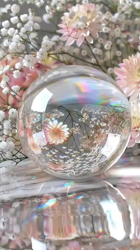 Close-up of a glass orb resting on a reflective marble table, surrounded by delicate pastel flowers, window light creating a soft glow through thin curtains