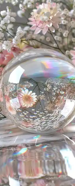 Close-up of a glass orb resting on a reflective marble table, surrounded by delicate pastel flowers, window light creating a soft glow through thin curtains
