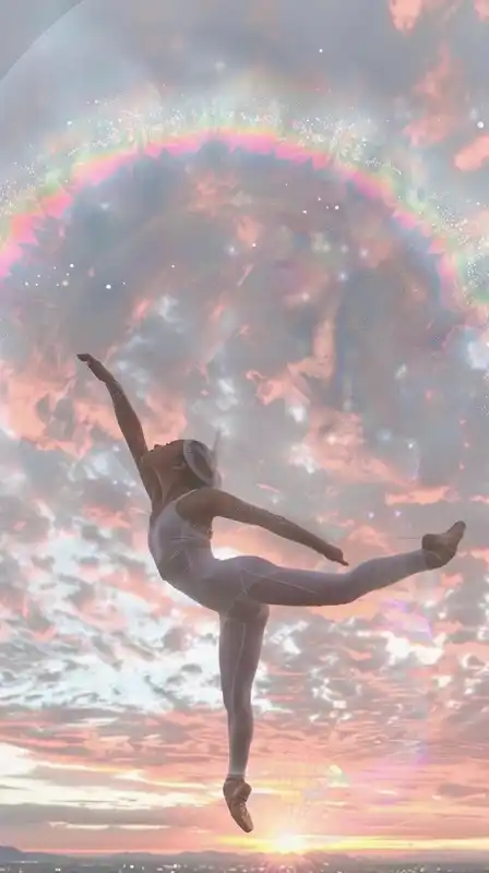 Elegant ballerina in mid-pirouette on a rooftop at dusk, her silhouette outlined by a halo of pink clouds, faint city lights beginning to sparkle far below