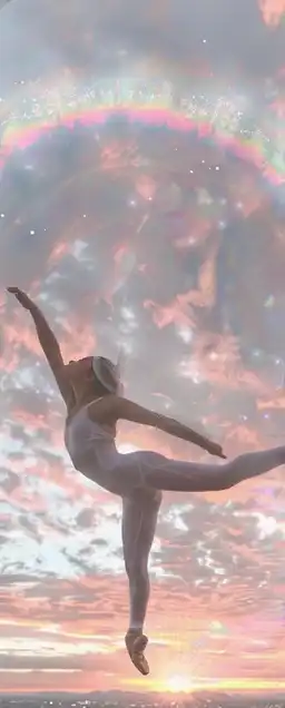 Elegant ballerina in mid-pirouette on a rooftop at dusk, her silhouette outlined by a halo of pink clouds, faint city lights beginning to sparkle far below