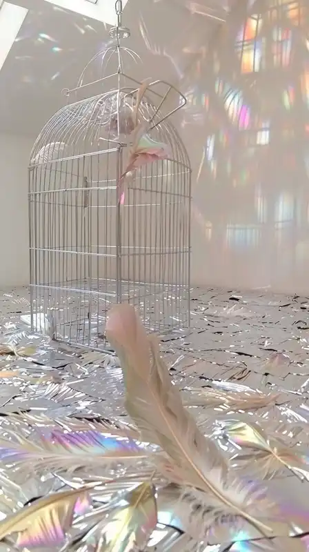 A silver birdcage suspended in an empty white room, glowing feathers scattered on the floor, ambient light diffused through a skylight above