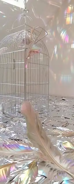 A silver birdcage suspended in an empty white room, glowing feathers scattered on the floor, ambient light diffused through a skylight above