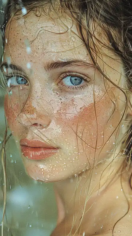 Close-up portrait of a woman with freckles and wet hair after swimming, droplets clinging to her skin, sunlight casting warm glow across her face, fine detail in pores, eyelashes, and reflections