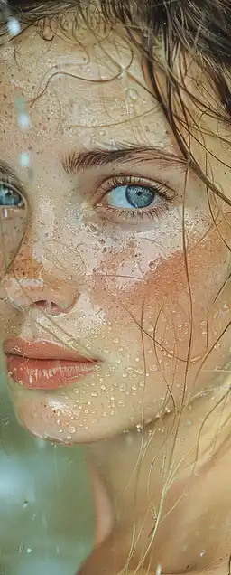 Close-up portrait of a woman with freckles and wet hair after swimming, droplets clinging to her skin, sunlight casting warm glow across her face, fine detail in pores, eyelashes, and reflections