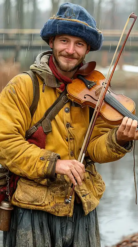 A street musician playing violin under a bridge on a rainy day, gritty textures on concrete and rust, soft reflections in puddles, expressive emotion in his face as he plays