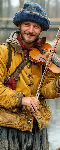 A street musician playing violin under a bridge on a rainy day, gritty textures on concrete and rust, soft reflections in puddles, expressive emotion in his face as he plays