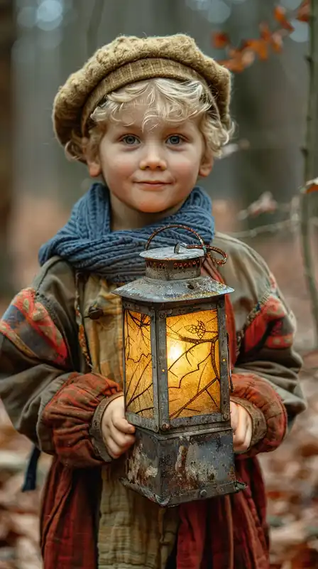 A young boy holding a lantern in a dark forest, detailed bark and wet leaves, the warm glow from the lantern illuminating his face, mist creating soft diffusion around the light