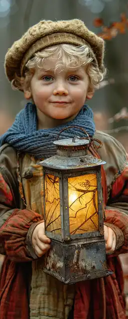 A young boy holding a lantern in a dark forest, detailed bark and wet leaves, the warm glow from the lantern illuminating his face, mist creating soft diffusion around the light
