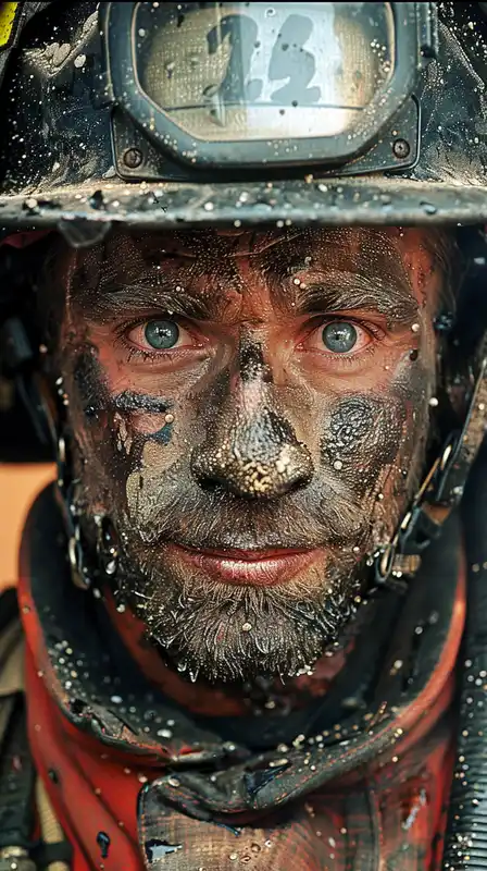 An intense portrait of a firefighter after a blaze, face covered in soot and sweat, heavy textures in the suit, reflective gear catching small ambient light sources