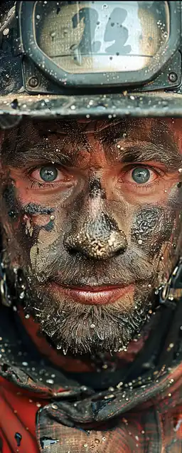 An intense portrait of a firefighter after a blaze, face covered in soot and sweat, heavy textures in the suit, reflective gear catching small ambient light sources